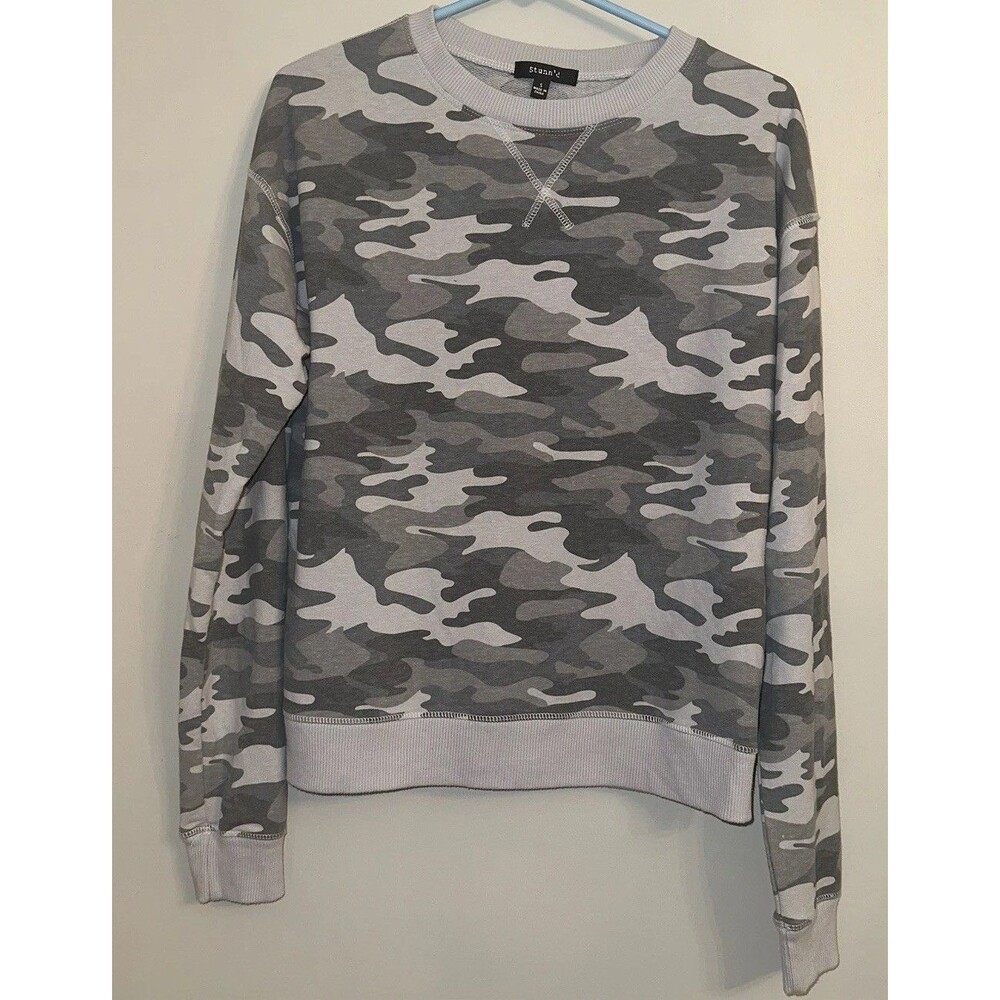 Women’s Dark & Light Gray White Camo Crewneck Pullover Sweatshirt Long Sleeve S